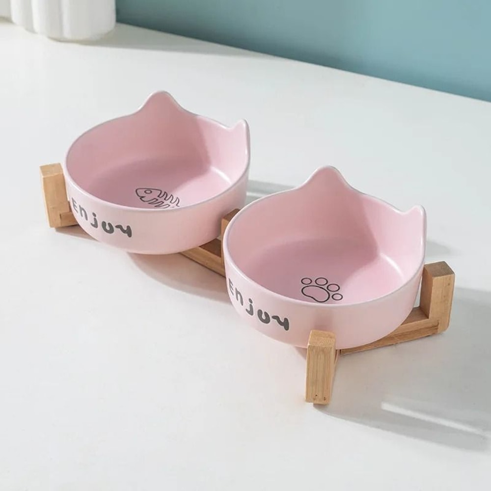 Ceramic Double Bowl Set With Wood Stand 7