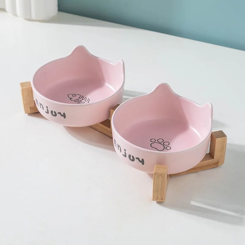 Ceramic Double Bowl Set With Wood Stand 7