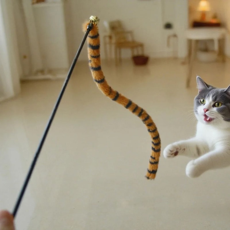 Tiger Stripe FauxFur Plush Worm Tail Teaser Wand 0