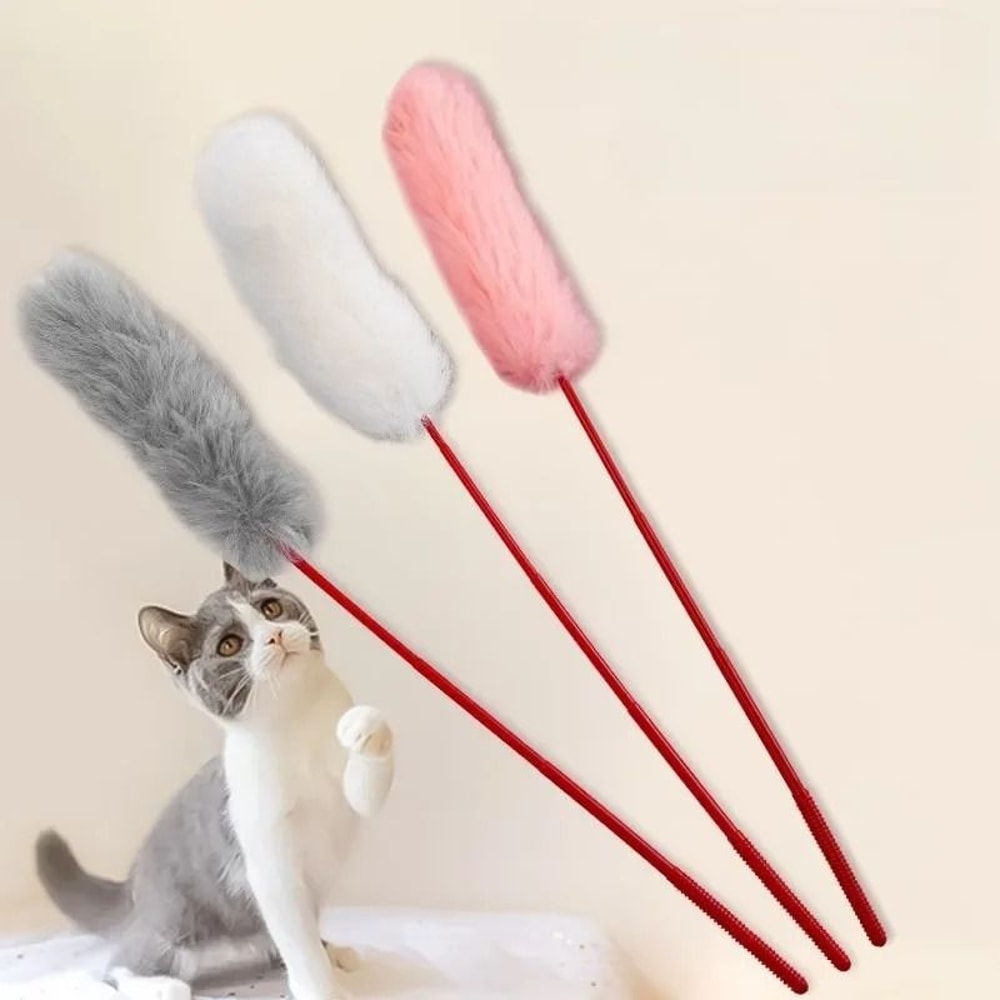 Faux Rabbit Fur Fluffy Tail Interactive Teaser Wand 0