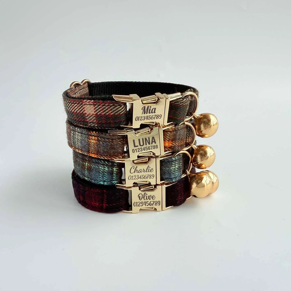 Elegant Tweed Check Cat Collar With Pearl Charm 0