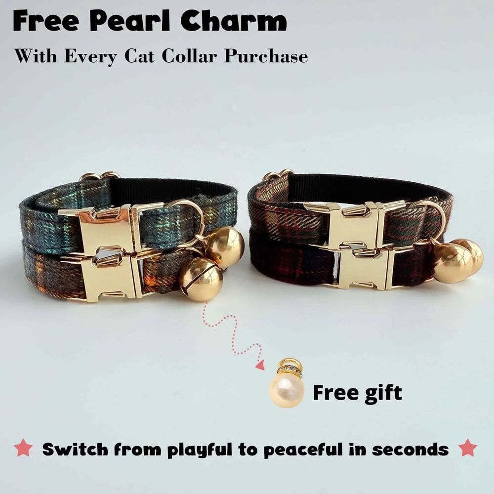 Elegant Tweed Check Cat Collar With Pearl Charm 1