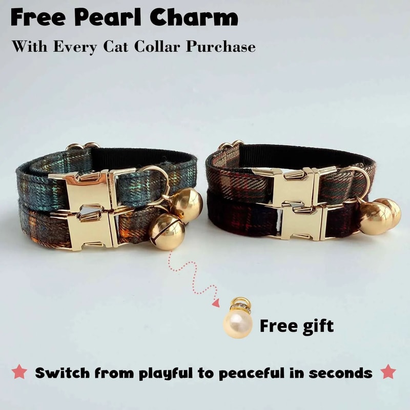 Elegant Tweed Check Cat Collar With Pearl Charm 1