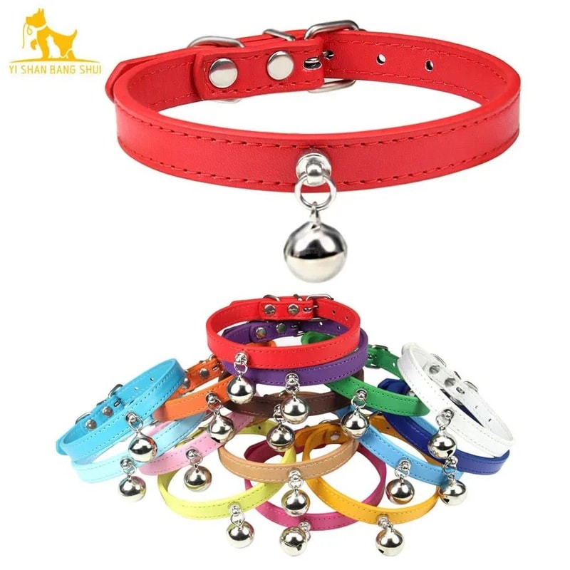 Colorful Adjustable Leather Pet Collar With Bell 1