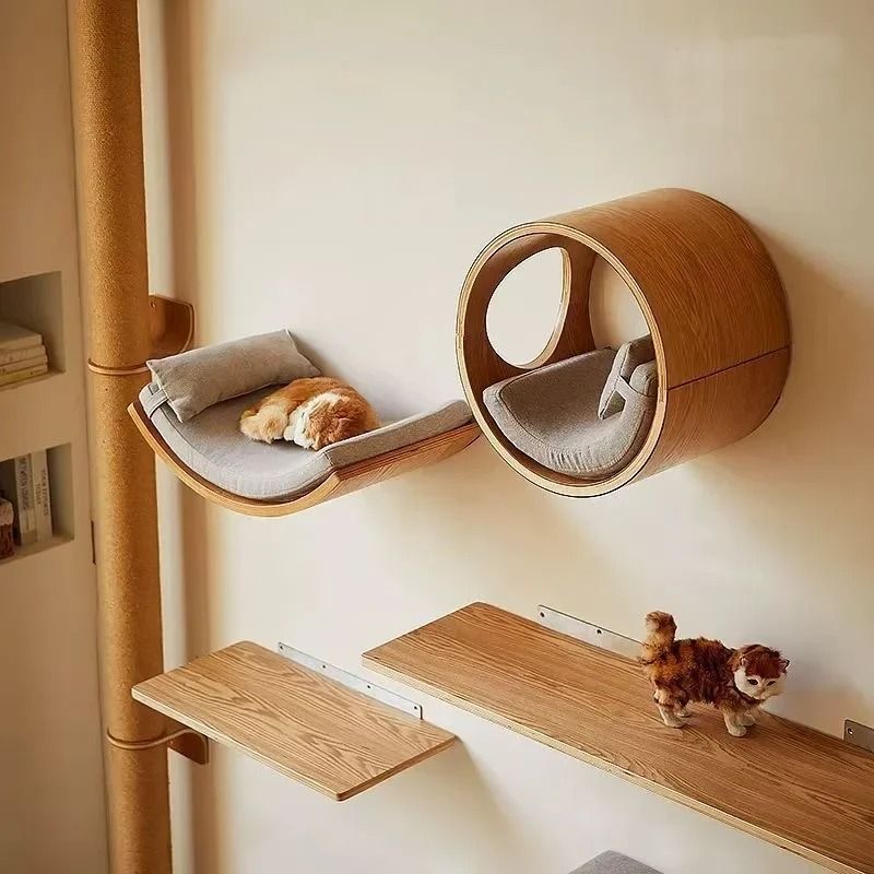 Wall Mounted Wooden Cat Climbing Shelves And Scratching Post 2