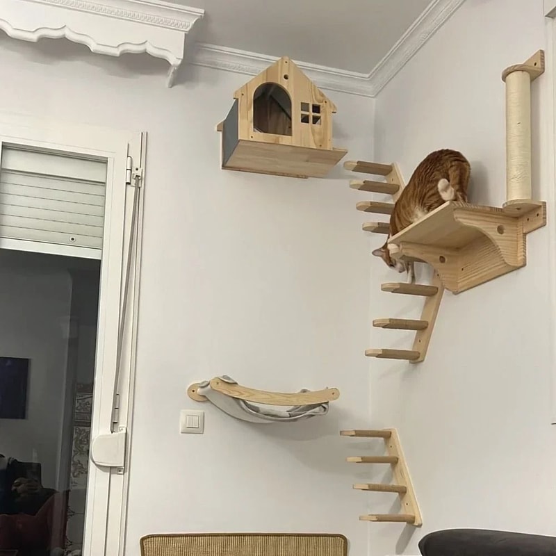 Wall Mounted Wooden Cat Climbing Shelves And Scratching Post 3