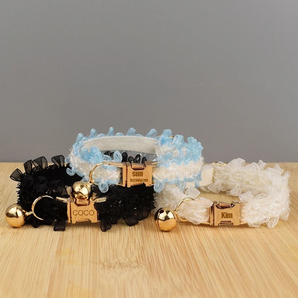 Personalized Lace Cat Collar With Custom Name Plate And Bell 0