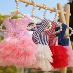 dog princess dress with puppy bow knot striped mesh tutu