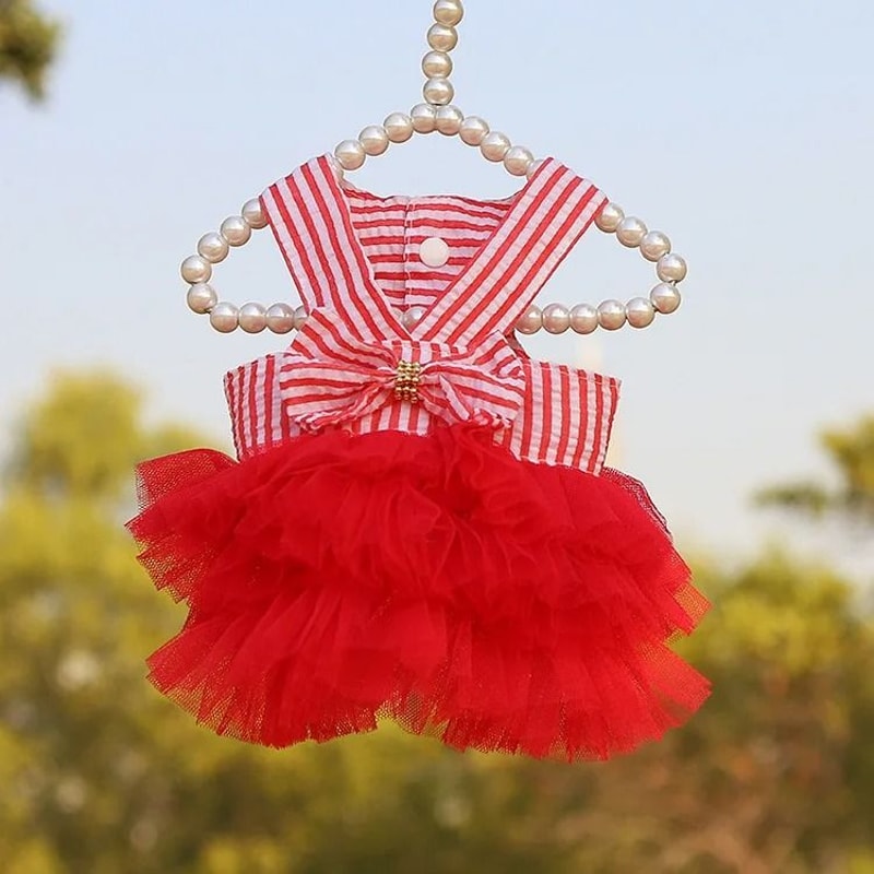 Dog Princess Dress With Puppy Bow Knot Striped Mesh Tutu 7