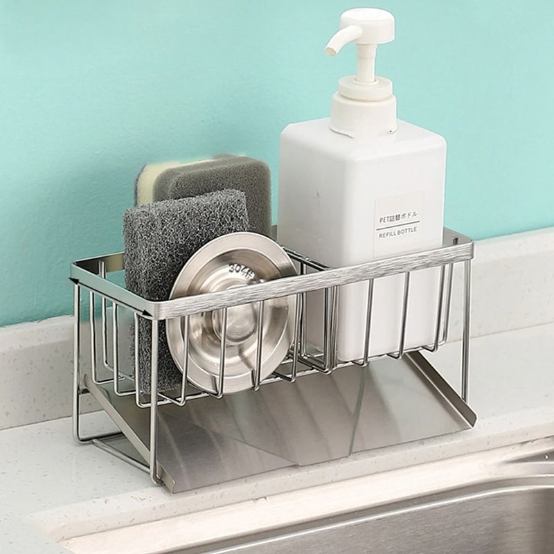 Stainless Steel Sink Sponge Holder With Removable Drain Tray 0