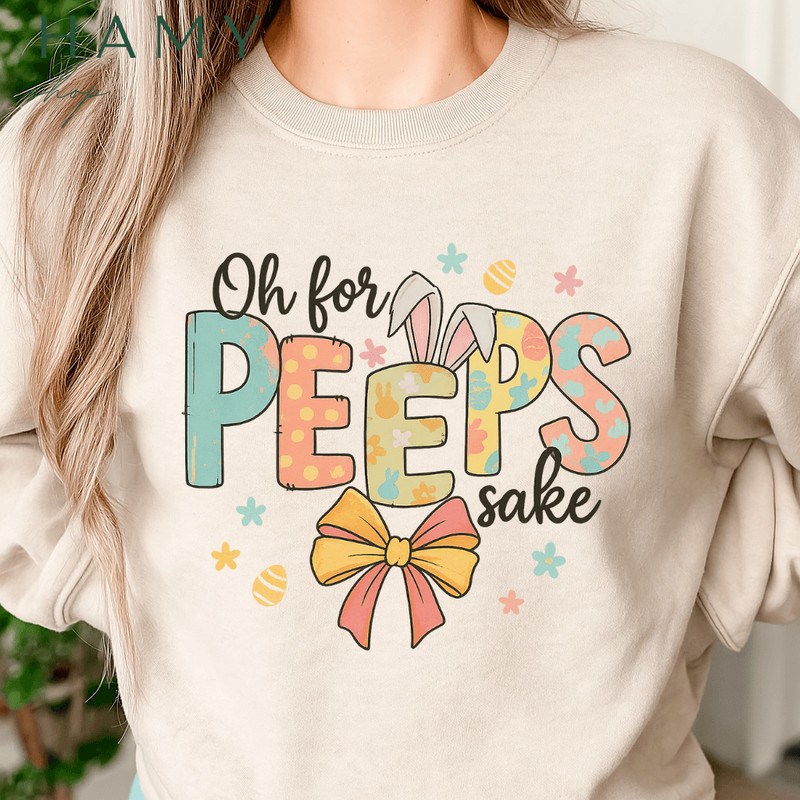 Oh For Peeps Sake PNG  Funny Pastel Easter Bunny Quote Clipart  Cute Bow  Egg Sublimation Design 0