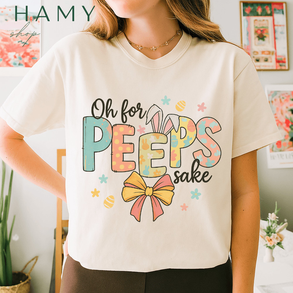 Oh For Peeps Sake PNG  Funny Pastel Easter Bunny Quote Clipart  Cute Bow  Egg Sublimation Design 1