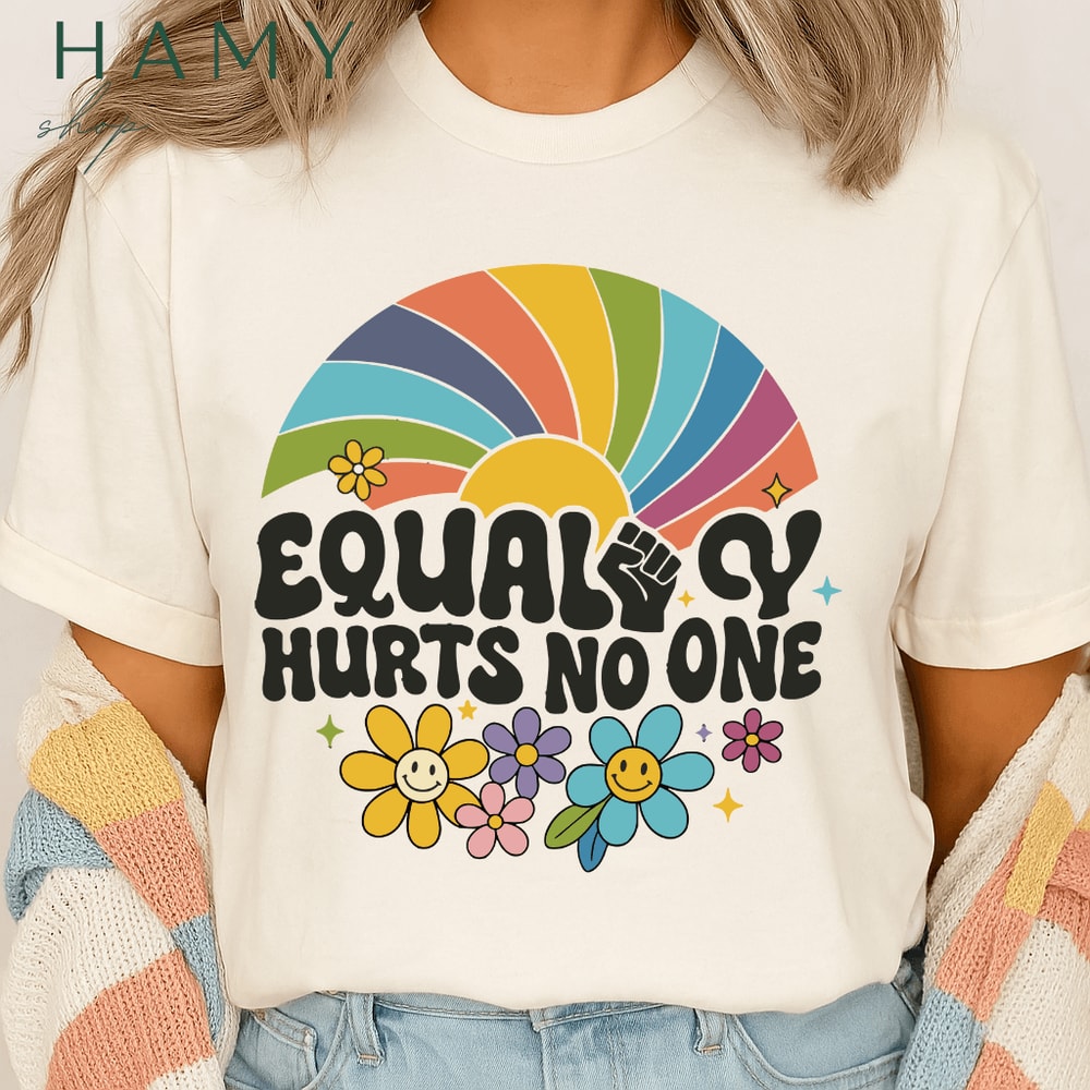 Equality Hurts No One PNG Retro Rainbow Social Justice Clipart With Flowers Fist Activism Sublim 1