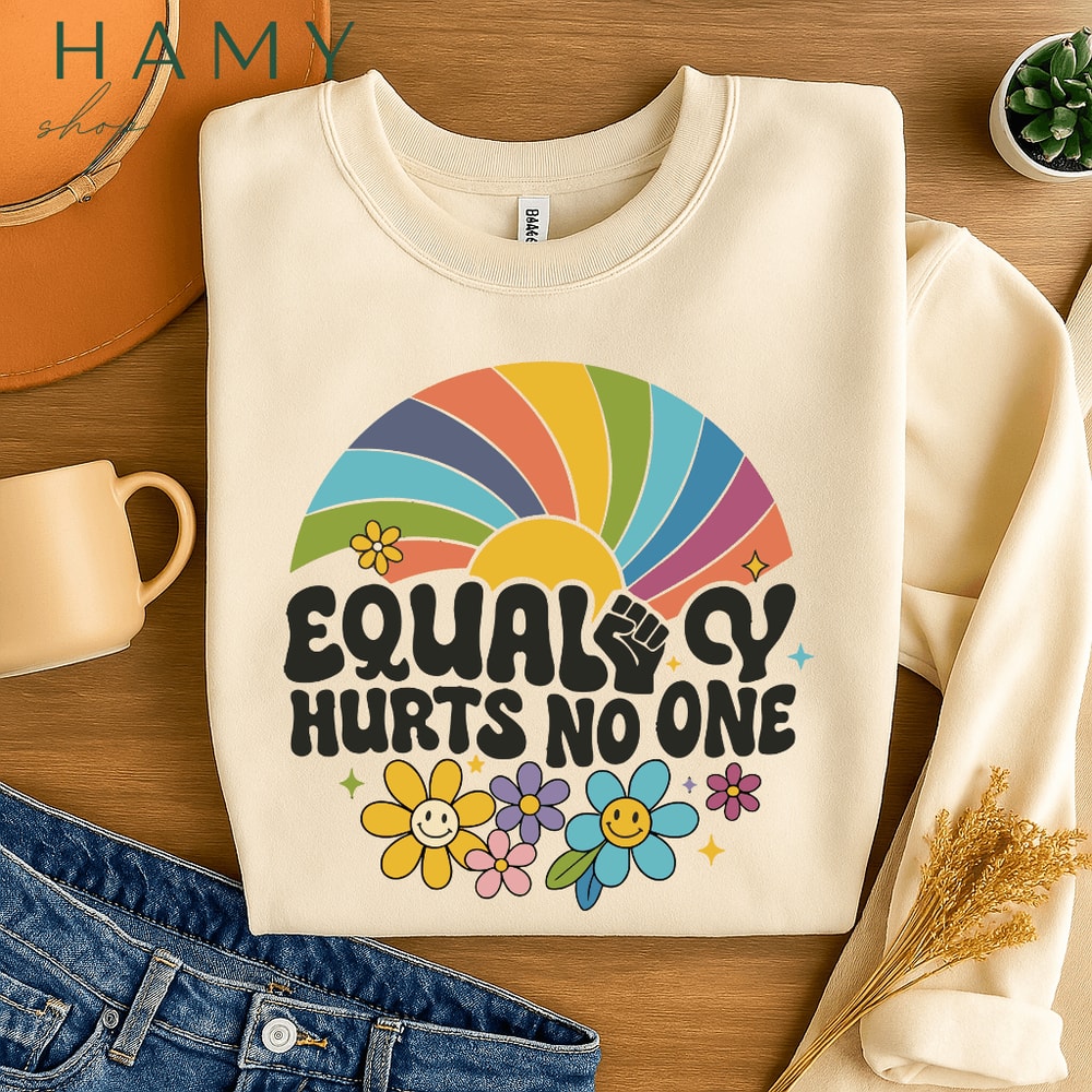 Equality Hurts No One PNG Retro Rainbow Social Justice Clipart With Flowers Fist Activism Sublim 3