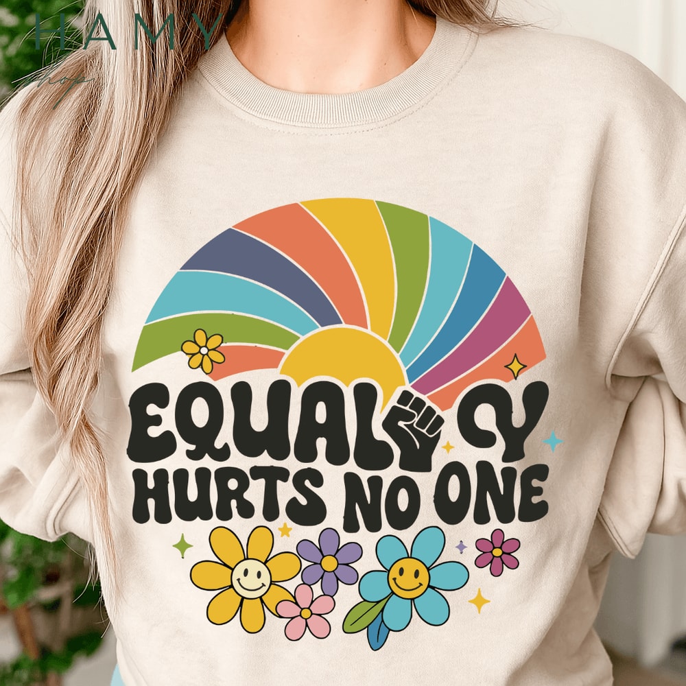 Equality Hurts No One PNG Retro Rainbow Social Justice Clipart With Flowers Fist Activism Sublim 2