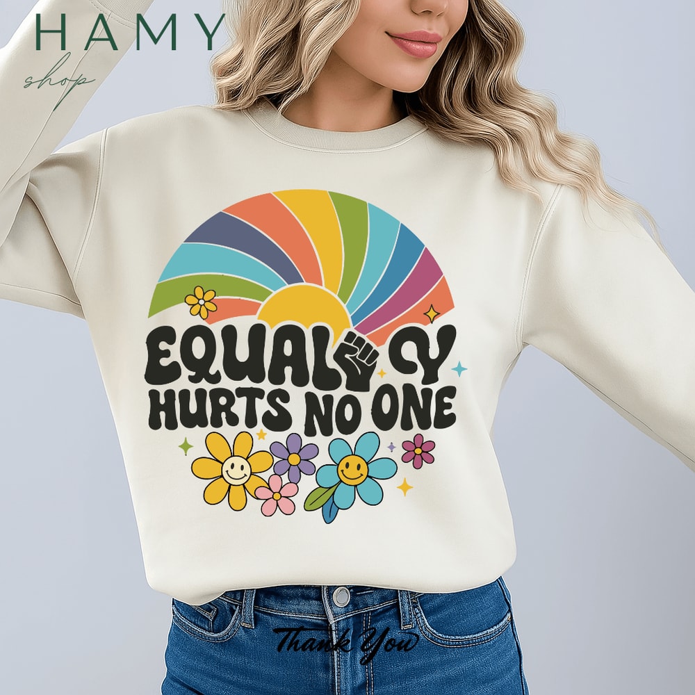 Equality Hurts No One PNG Retro Rainbow Social Justice Clipart With Flowers Fist Activism Sublim 5