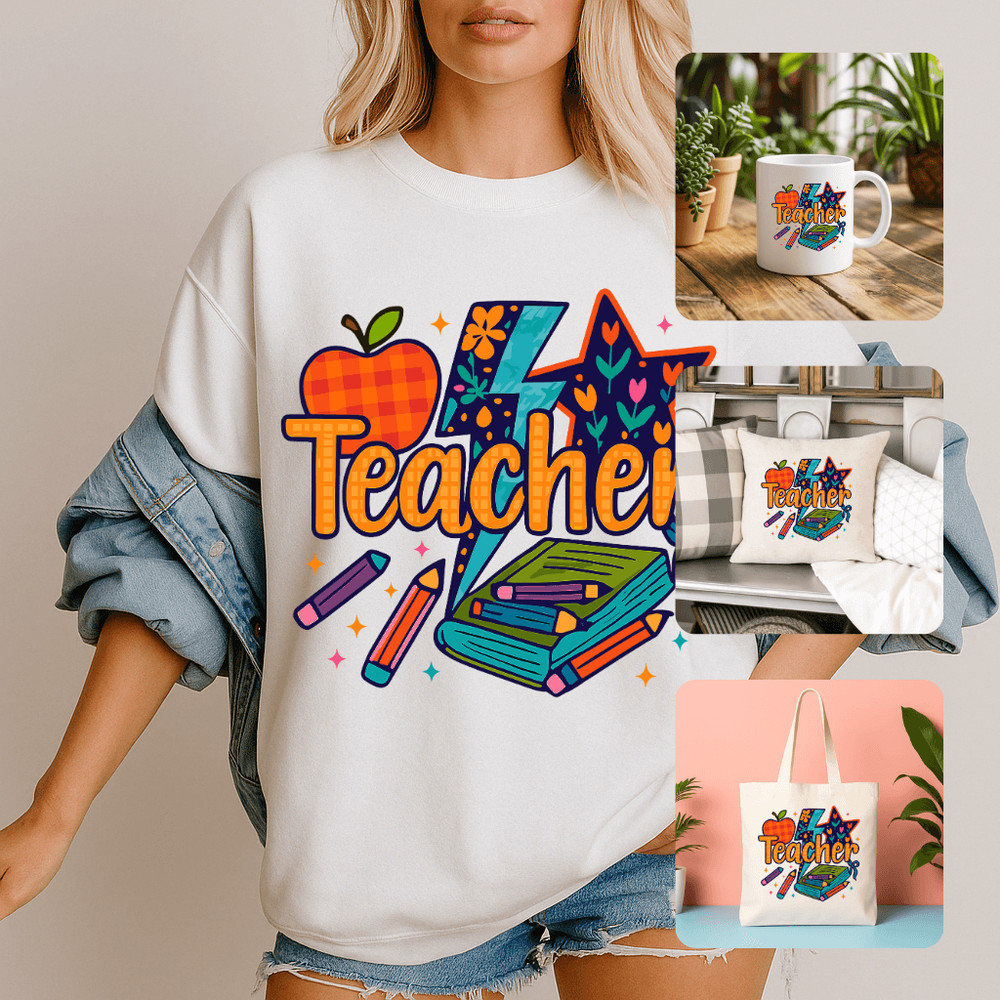 Preppy Teacher PNG Floral Lightning Apple Pencil Clipart Colorful Coquette Teacher Sublimation De 0
