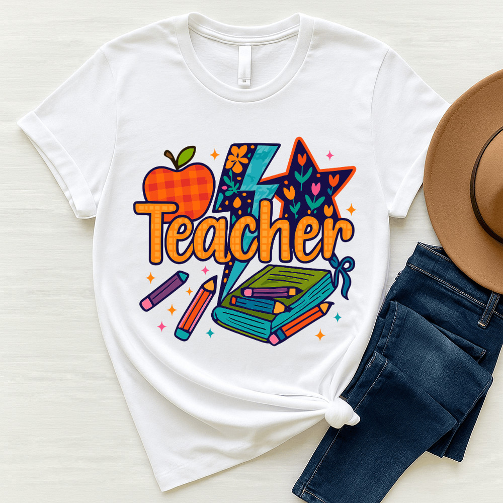 Preppy Teacher PNG Floral Lightning Apple Pencil Clipart Colorful Coquette Teacher Sublimation De 1