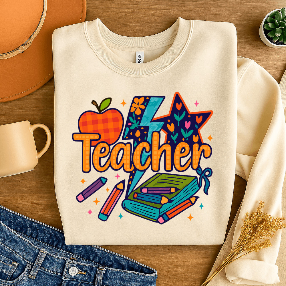 Preppy Teacher PNG Floral Lightning Apple Pencil Clipart Colorful Coquette Teacher Sublimation De 3