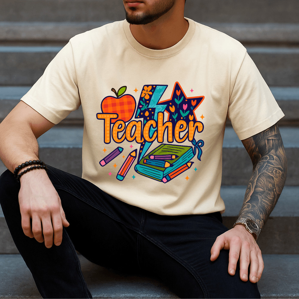 Preppy Teacher PNG Floral Lightning Apple Pencil Clipart Colorful Coquette Teacher Sublimation De 4