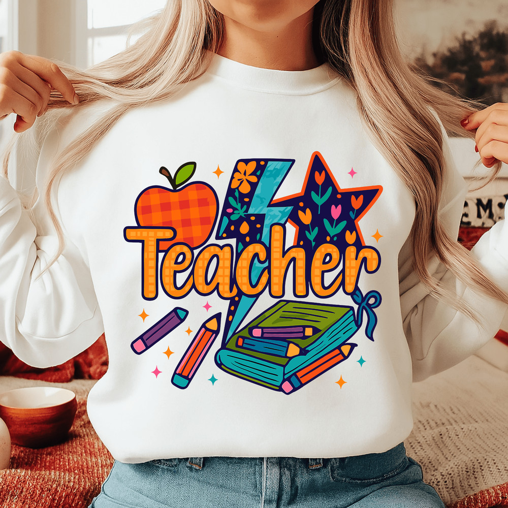 Preppy Teacher PNG Floral Lightning Apple Pencil Clipart Colorful Coquette Teacher Sublimation De 5