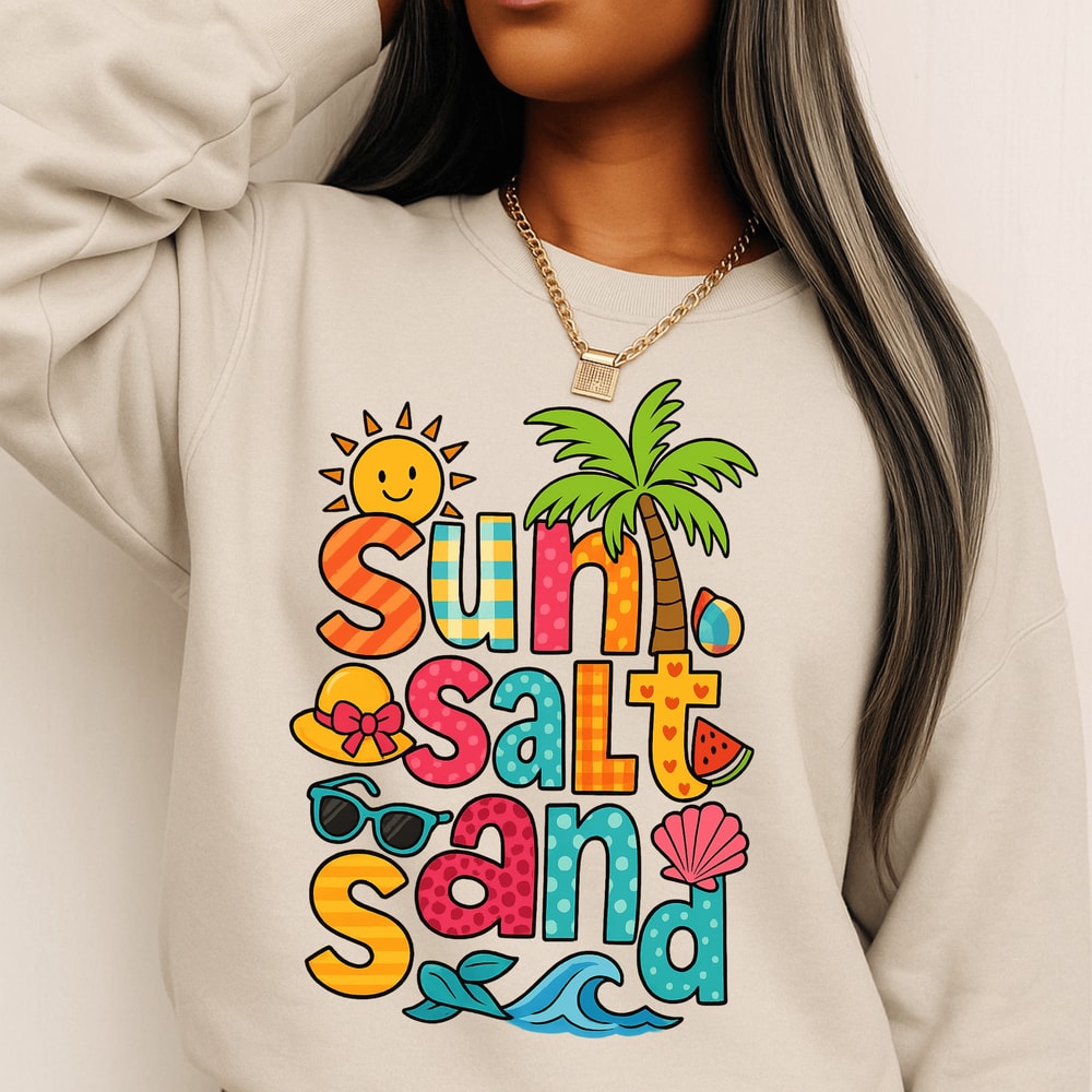 Sun Salt Sand PNG Bright Summer Sublimation Design With Beach Icons Retro Vacation Clipart For Sh 1
