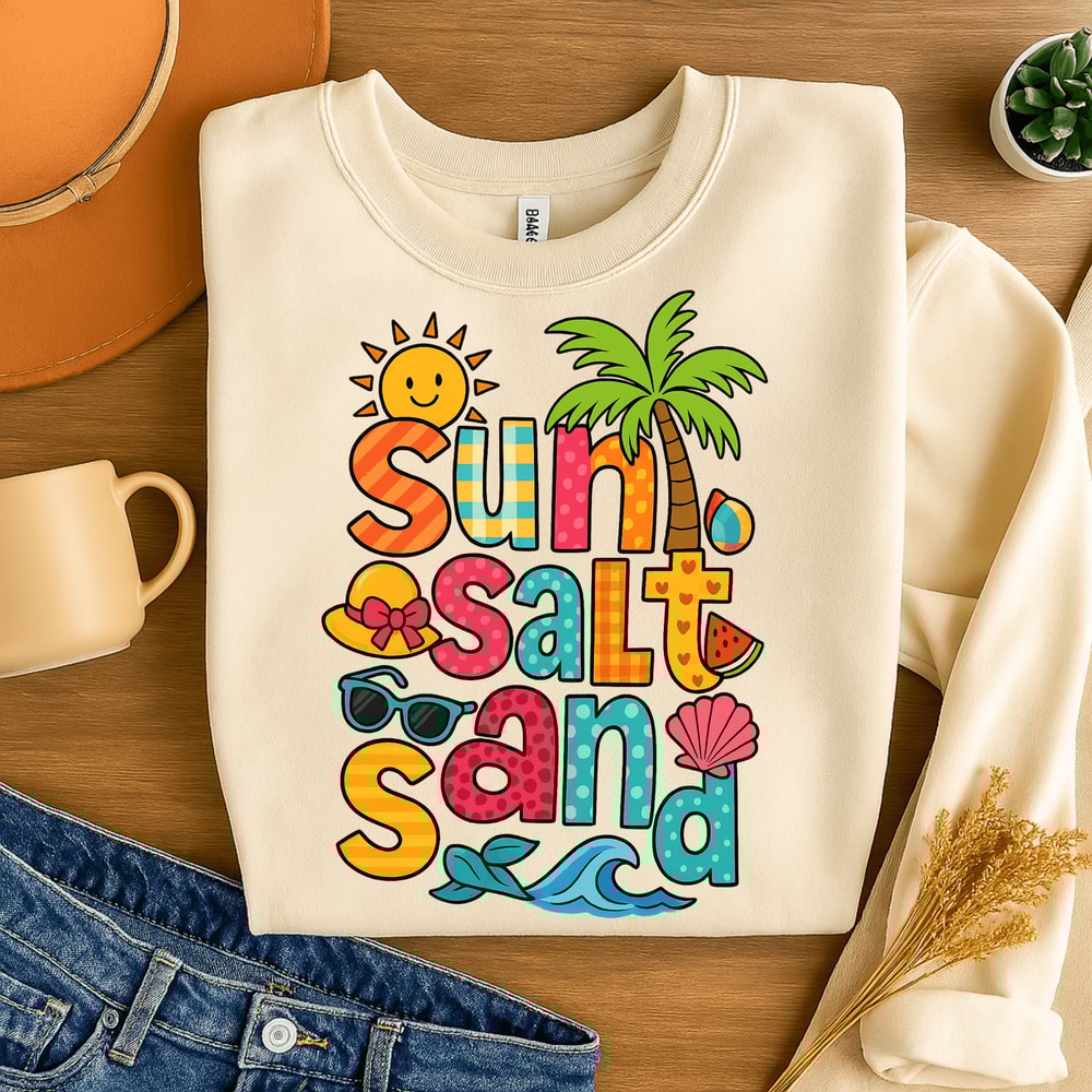 Sun Salt Sand PNG Bright Summer Sublimation Design With Beach Icons Retro Vacation Clipart For Sh 3