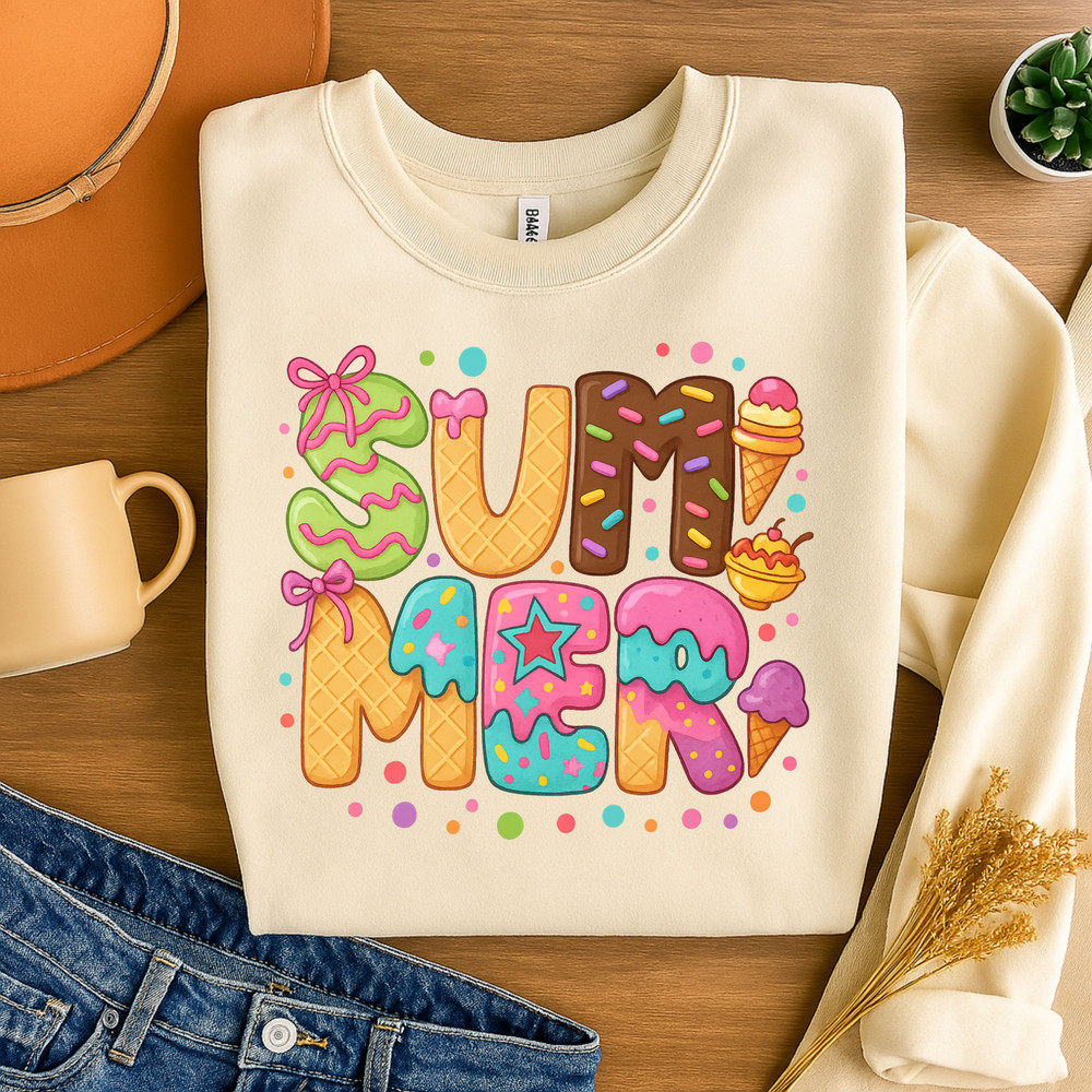 Preppy Summer Ice Cream PNG  Cute Sprinkle Waffle Lettering Sublimation Design  Bright Colorful Des 1