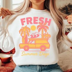 fresh summer days png – retro surf car sublimation design with palm trees & sunset – tropical beach clipart