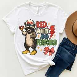 red white and ferocious raccoon png – funny 4th of july sublimation design with usa hat & donut patriotic animal clipart