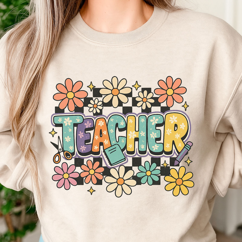 Retro Teacher PNG  Groovy Flower Sublimation Clipart For Back To School Shirt Design 0