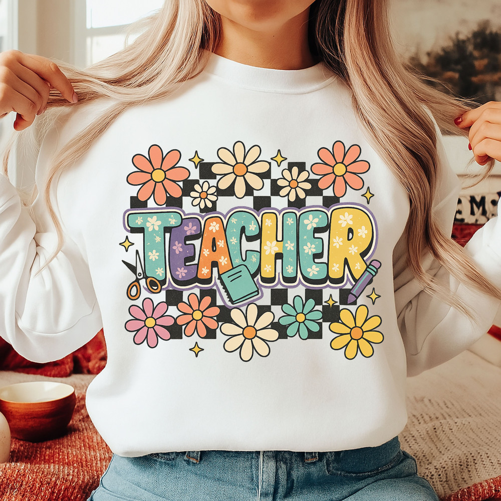 Retro Teacher PNG  Groovy Flower Sublimation Clipart For Back To School Shirt Design 1