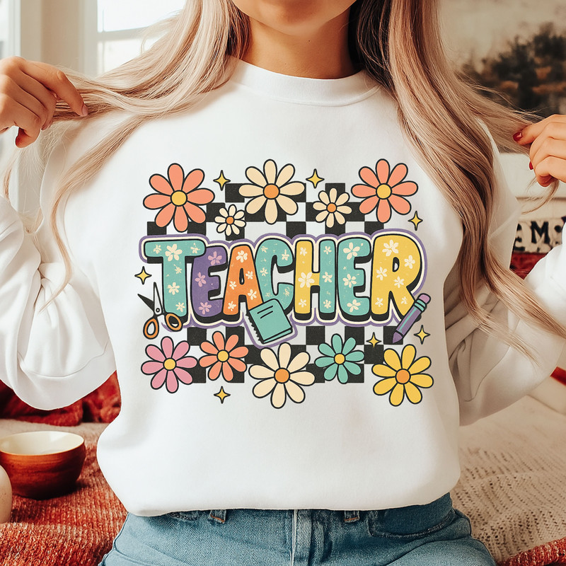Retro Teacher PNG  Groovy Flower Sublimation Clipart For Back To School Shirt Design 1