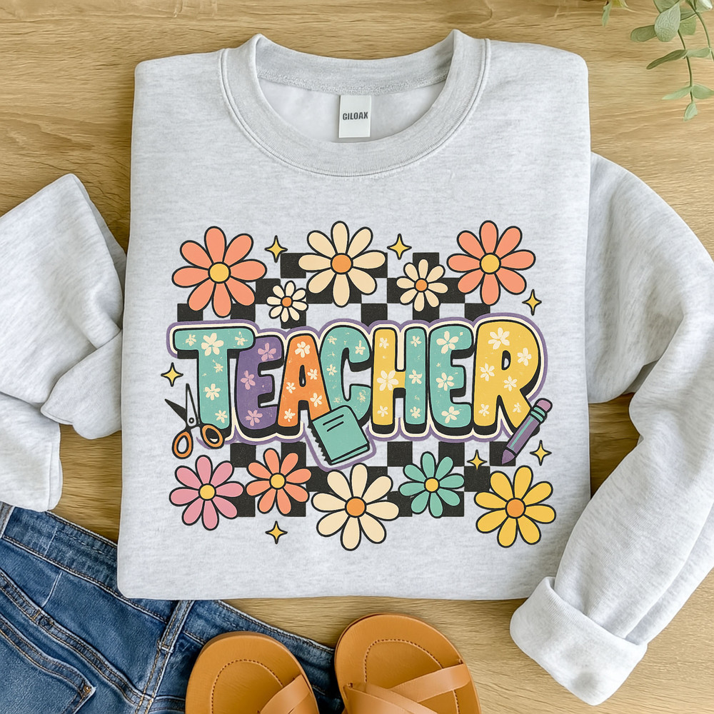 Retro Teacher PNG  Groovy Flower Sublimation Clipart For Back To School Shirt Design 2