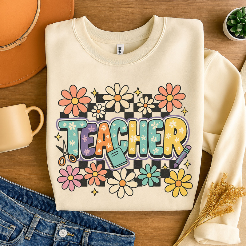Retro Teacher PNG  Groovy Flower Sublimation Clipart For Back To School Shirt Design 3