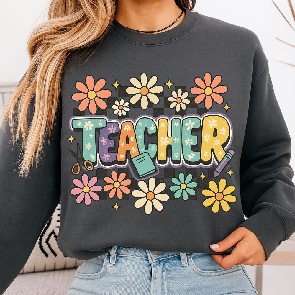 Retro Teacher PNG  Groovy Flower Sublimation Clipart For Back To School Shirt Design 4