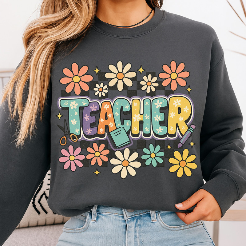 Retro Teacher PNG  Groovy Flower Sublimation Clipart For Back To School Shirt Design 4