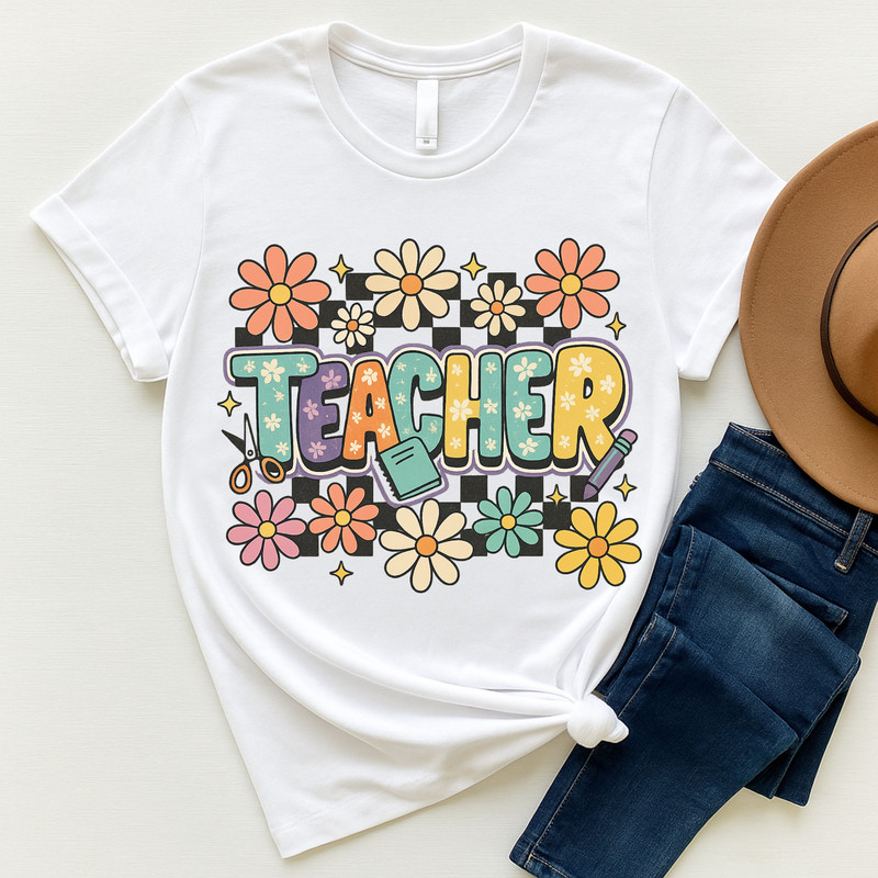 Retro Teacher PNG  Groovy Flower Sublimation Clipart For Back To School Shirt Design 6