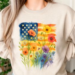 american flag floral png – watercolor patriotic wildflowers sublimation design for 4th of july