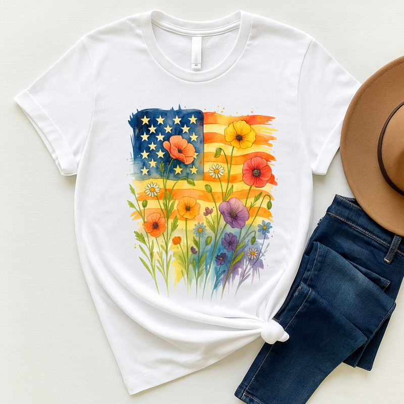 American Flag Floral PNG  Watercolor Patriotic Wildflowers Sublimation Design For 4th Of July 1