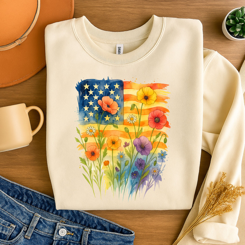 American Flag Floral PNG  Watercolor Patriotic Wildflowers Sublimation Design For 4th Of July 2