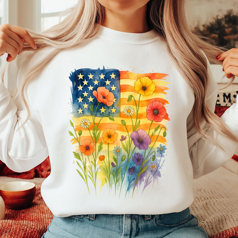 American Flag Floral PNG  Watercolor Patriotic Wildflowers Sublimation Design For 4th Of July 3
