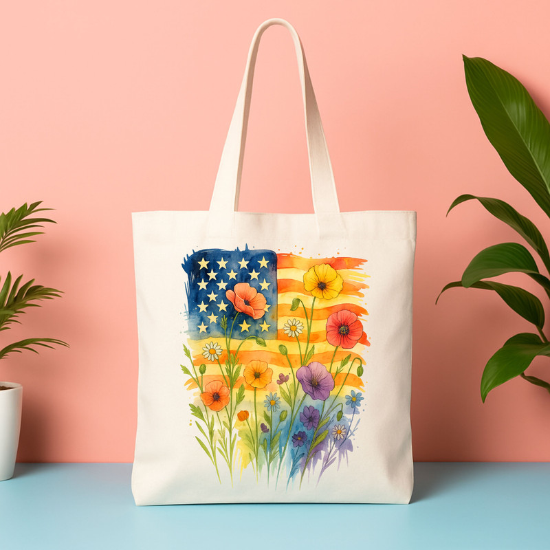 American Flag Floral PNG  Watercolor Patriotic Wildflowers Sublimation Design For 4th Of July 4
