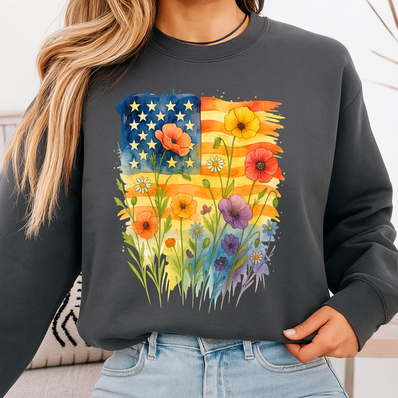 American Flag Floral PNG  Watercolor Patriotic Wildflowers Sublimation Design For 4th Of July 5