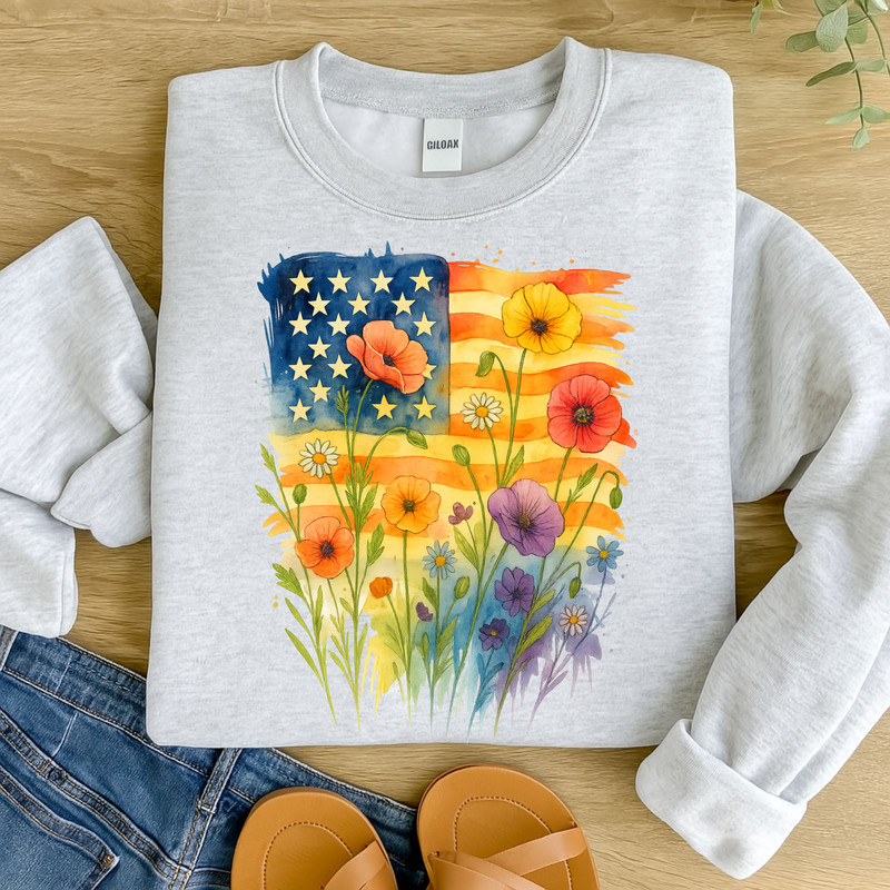 American Flag Floral PNG  Watercolor Patriotic Wildflowers Sublimation Design For 4th Of July 6