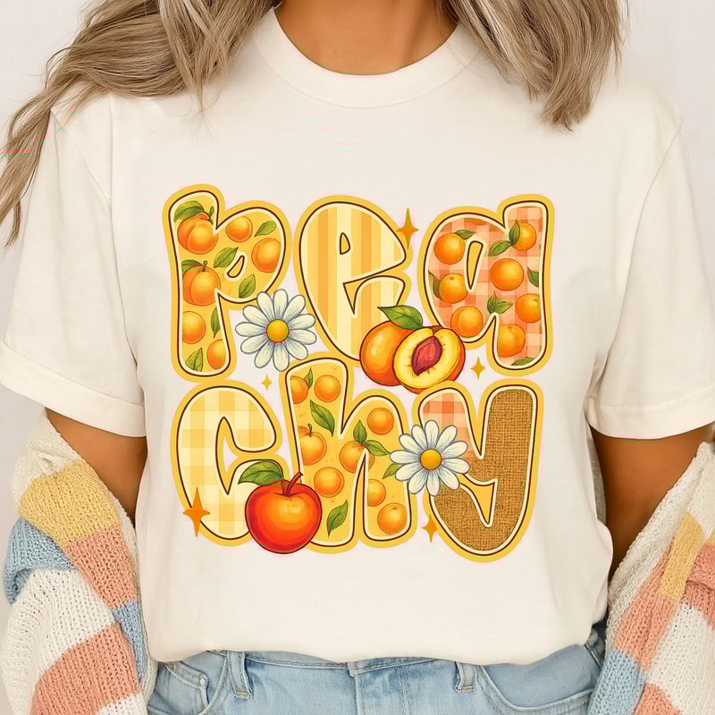 Peachy PNG Sublimation Cute Summer Peach Fruit Gingham Retro Graphic For TShirts Mugs 1
