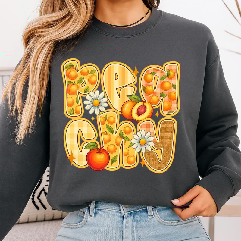 Peachy PNG Sublimation Cute Summer Peach Fruit Gingham Retro Graphic For TShirts Mugs 4