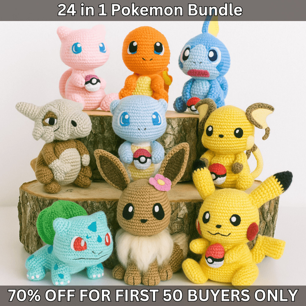 24in1 Pokemon Crochet PDF Pattern Bundle Pikachu Charmander Squirtle Bulbasaur Instant Download 0