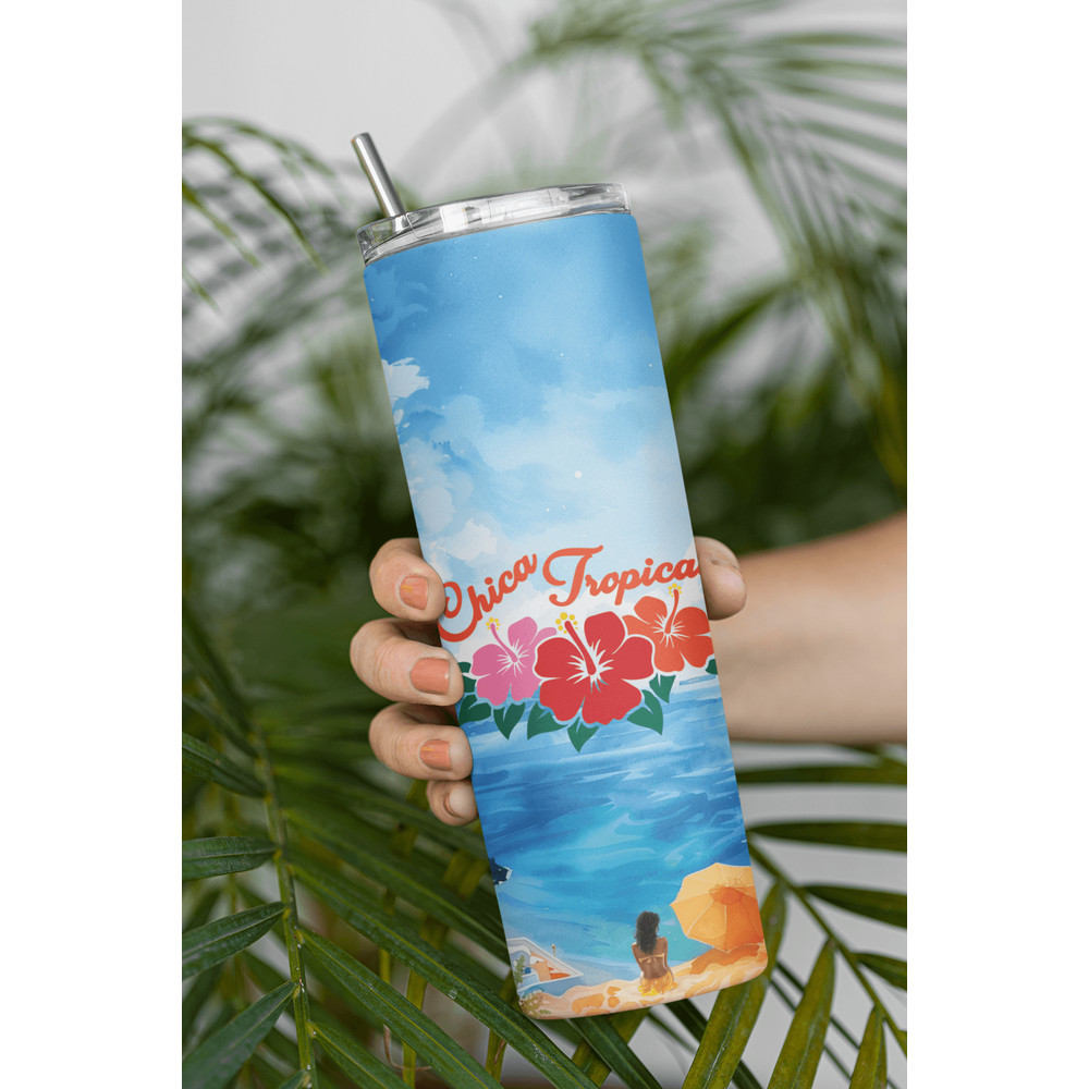 Chica Tropical 20oz Tumbler With Beach Design Reusable Straw  Lid  Stylish Insulated Cup For Hot  C 0