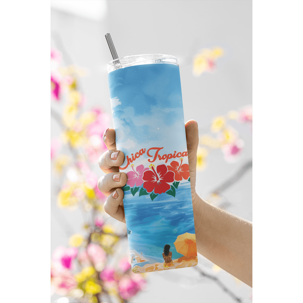 Chica Tropical 20oz Tumbler With Beach Design Reusable Straw  Lid  Stylish Insulated Cup For Hot  C 1